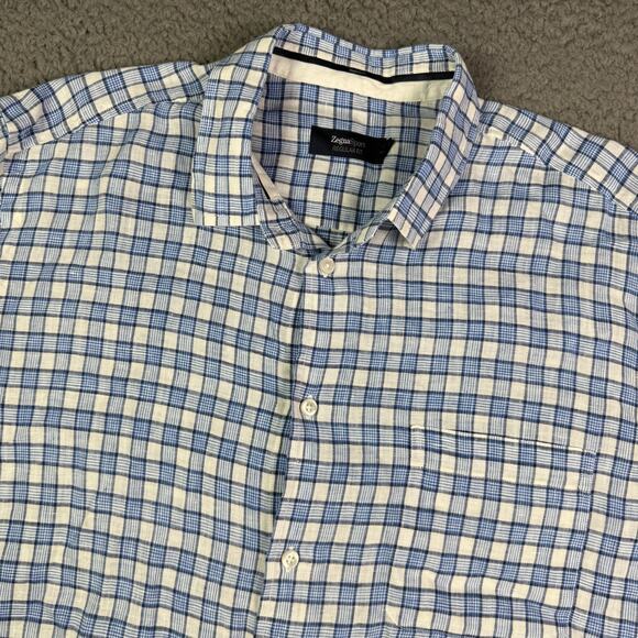 Ermenegildo Zegna Shirt Mens XL Blue Plaid Linen Short Sleeve Button Up Pocket - Picture 1 of 8